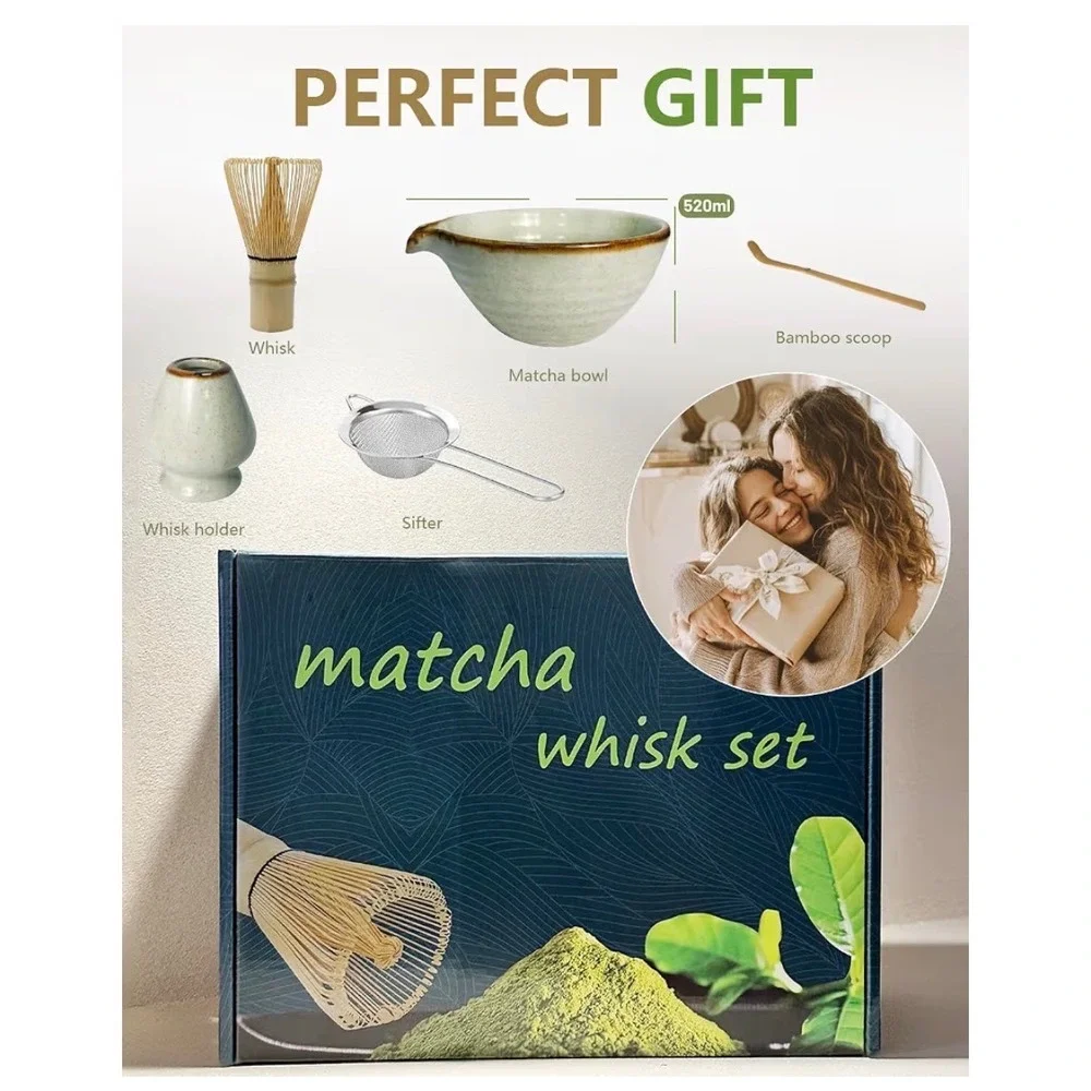 Trauzil Matcha Whisk Set 5-Piece Ceramic Bowl Bamboo Whisk Scoop Sifter Green